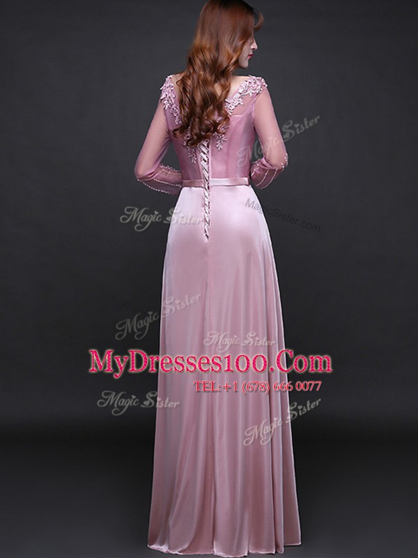 Sweet Long Sleeves Floor Length Lace Up Prom Gown Pink for Prom with Appliques and Belt