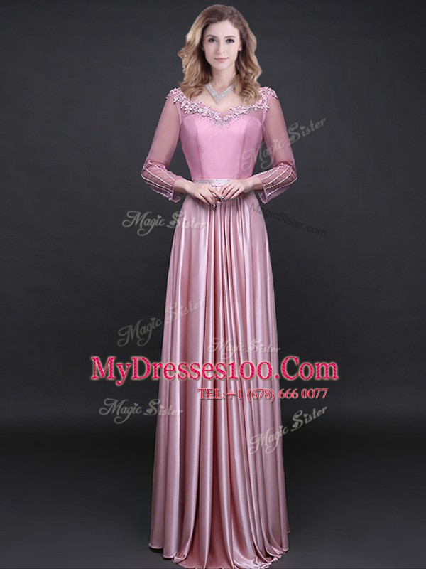 Sweet Long Sleeves Floor Length Lace Up Prom Gown Pink for Prom with Appliques and Belt