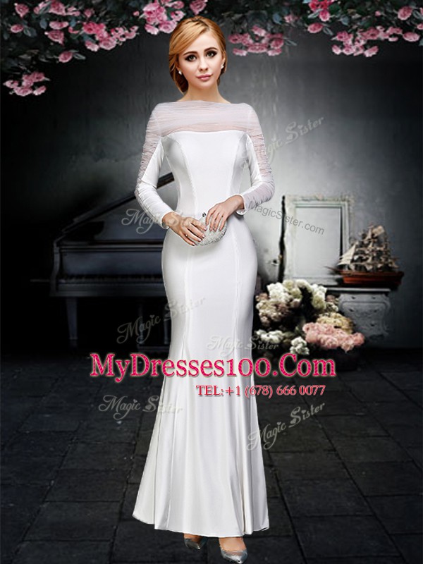 Hot Selling Off the Shoulder White Elastic Woven Satin Backless Prom Dress Long Sleeves Floor Length Ruching