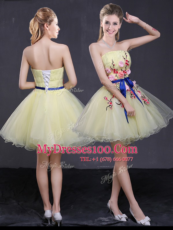 Hot Selling Light Yellow Strapless Neckline Appliques and Belt Party Dress for Toddlers Sleeveless Lace Up