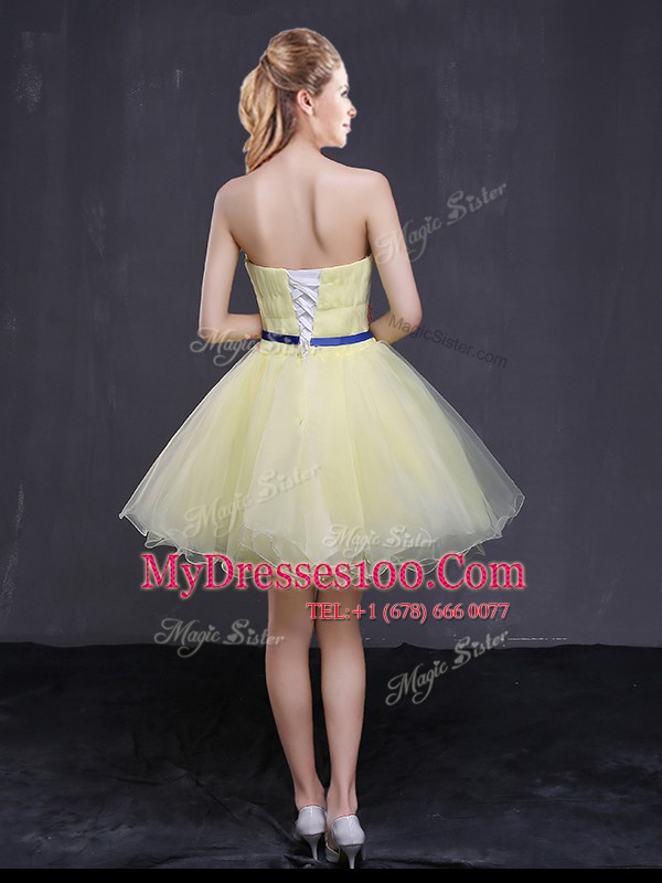 Hot Selling Light Yellow Strapless Neckline Appliques and Belt Party Dress for Toddlers Sleeveless Lace Up