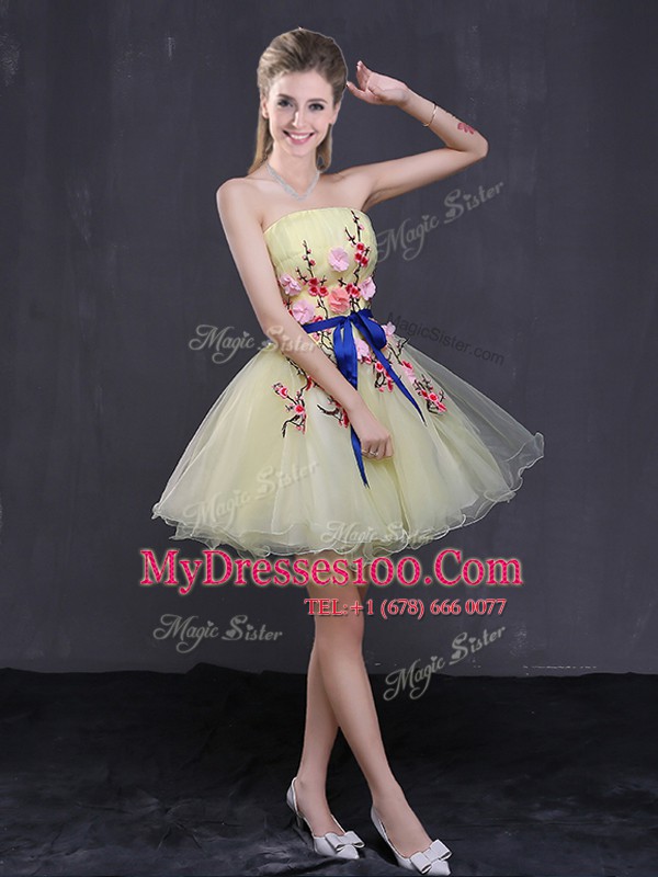 Hot Selling Light Yellow Strapless Neckline Appliques and Belt Party Dress for Toddlers Sleeveless Lace Up