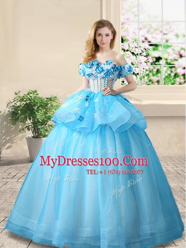 Baby Blue A-line Organza Off The Shoulder Sleeveless Beading and Appliques Floor Length Lace Up Quince Ball Gowns
