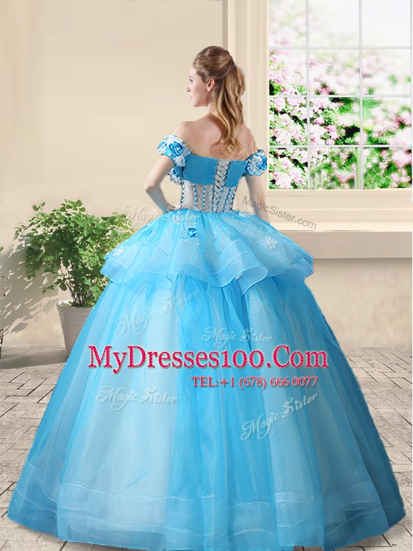 Baby Blue A-line Organza Off The Shoulder Sleeveless Beading and Appliques Floor Length Lace Up Quince Ball Gowns