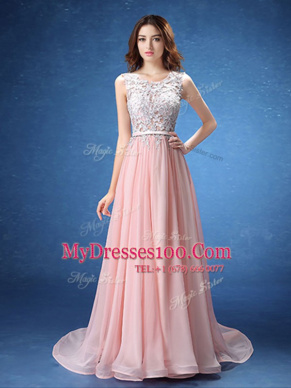 Discount Scoop Sleeveless With Train Lace and Appliques and Belt Zipper Evening Party Dresses with Baby Pink Brush Train