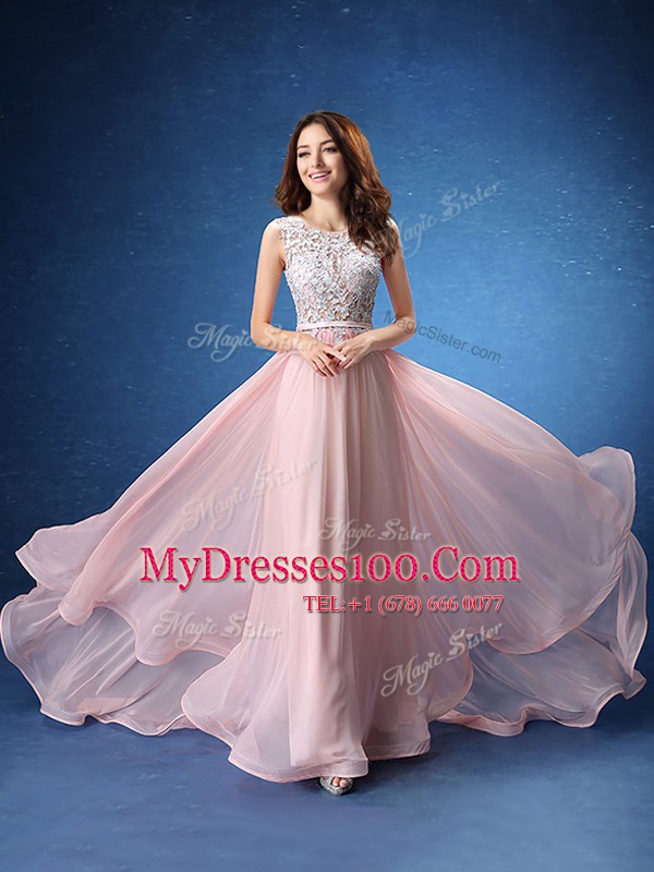 Discount Scoop Sleeveless With Train Lace and Appliques and Belt Zipper Evening Party Dresses with Baby Pink Brush Train
