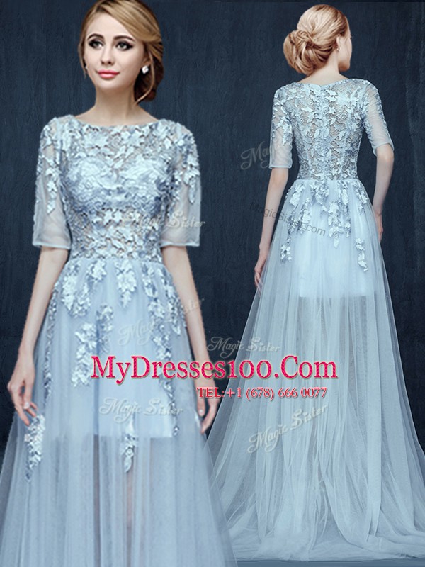 Scoop Light Blue Zipper Homecoming Dress Appliques Half Sleeves With Brush Train