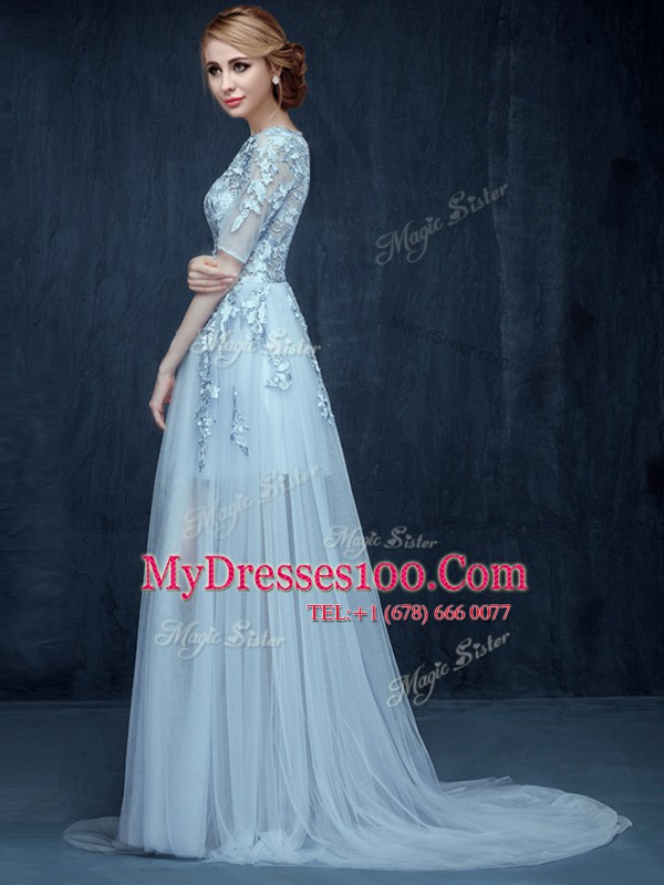Scoop Light Blue Zipper Homecoming Dress Appliques Half Sleeves With Brush Train