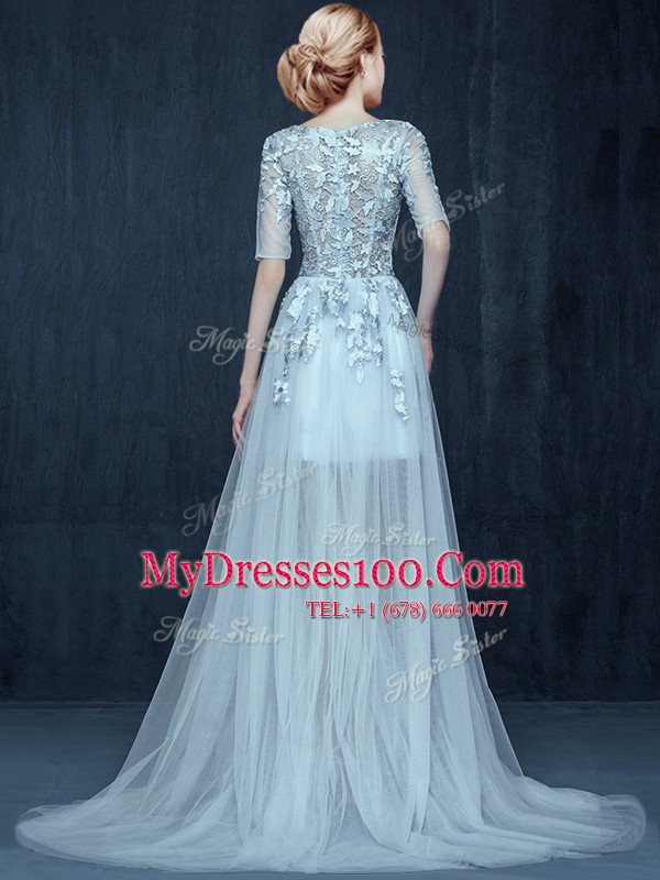 Scoop Light Blue Zipper Homecoming Dress Appliques Half Sleeves With Brush Train