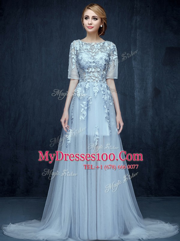 Scoop Light Blue Zipper Homecoming Dress Appliques Half Sleeves With Brush Train