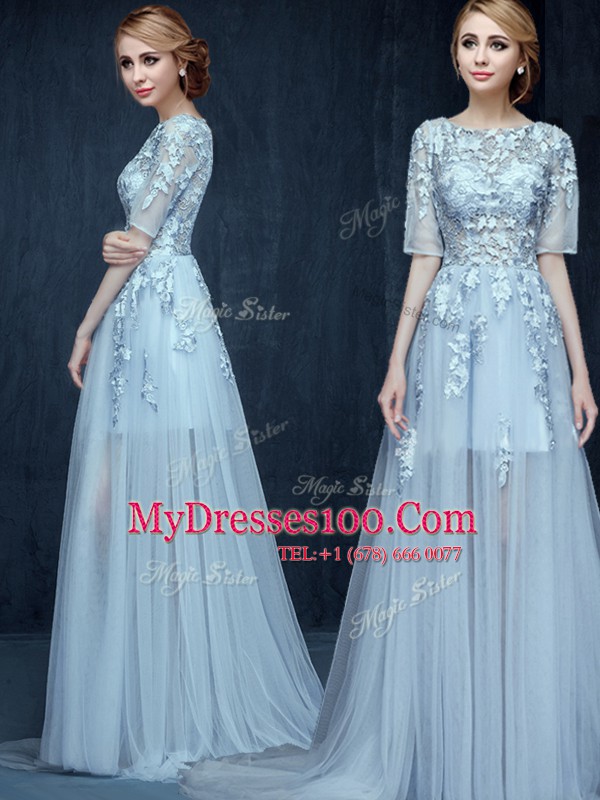 Scoop Light Blue Zipper Homecoming Dress Appliques Half Sleeves With Brush Train