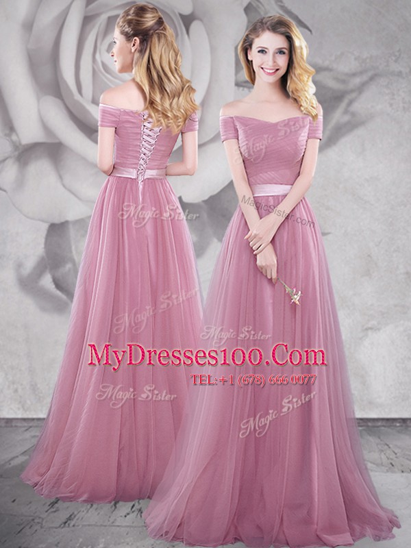 Excellent Off the Shoulder Short Sleeves Brush Train Lace Up With Train Ruching and Belt Womens Evening Dresses