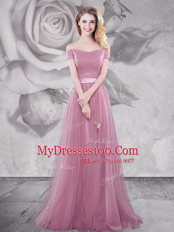 Excellent Off the Shoulder Short Sleeves Brush Train Lace Up With Train Ruching and Belt Womens Evening Dresses