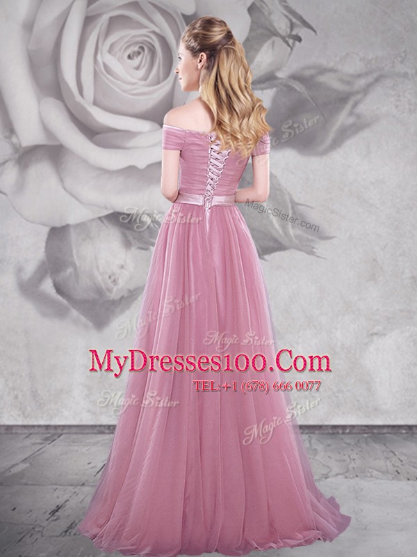 Excellent Off the Shoulder Short Sleeves Brush Train Lace Up With Train Ruching and Belt Womens Evening Dresses