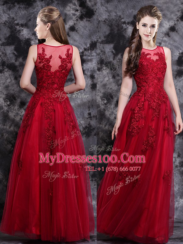 Empire Prom Dress Wine Red Scoop Tulle Sleeveless Floor Length Side Zipper