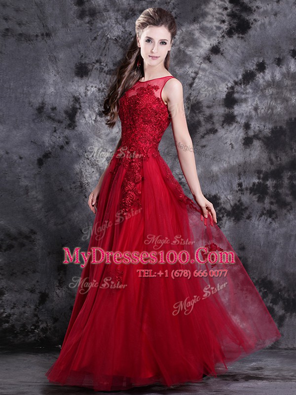 Empire Prom Dress Wine Red Scoop Tulle Sleeveless Floor Length Side Zipper