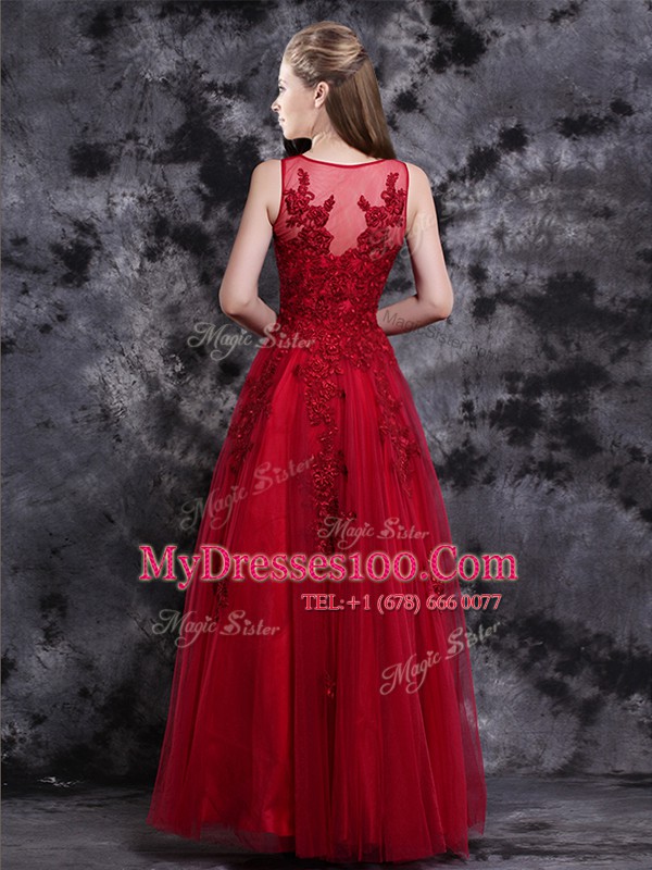 Empire Prom Dress Wine Red Scoop Tulle Sleeveless Floor Length Side Zipper