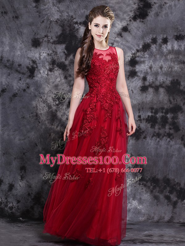 Empire Prom Dress Wine Red Scoop Tulle Sleeveless Floor Length Side Zipper