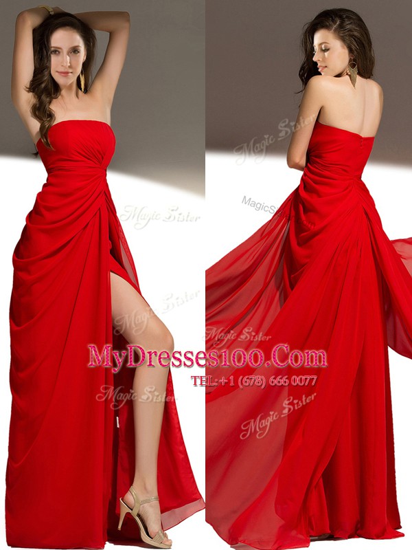 Sleeveless Chiffon Floor Length Zipper in Red with Ruching