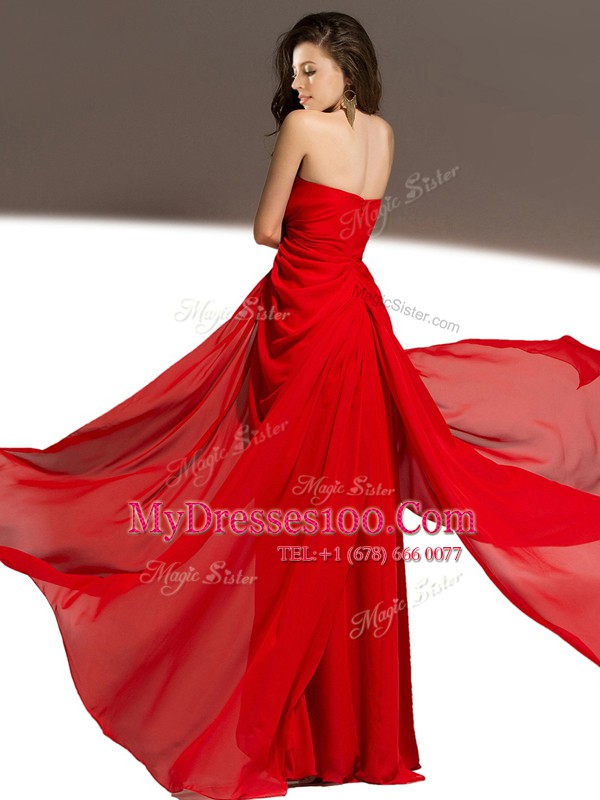 Sleeveless Chiffon Floor Length Zipper in Red with Ruching