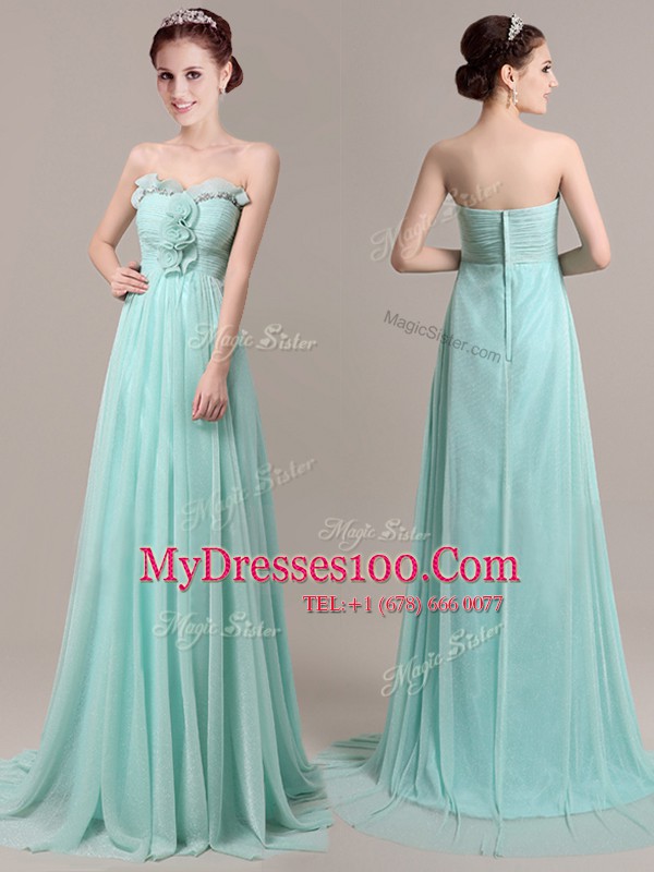 Sleeveless Brush Train Beading and Hand Made Flower Zipper Prom Dresses