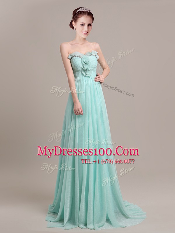 Sleeveless Brush Train Beading and Hand Made Flower Zipper Prom Dresses
