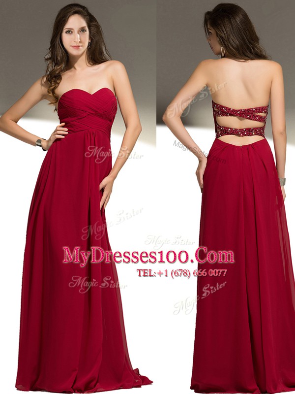 Best Selling Sleeveless Floor Length Beading Criss Cross Prom Dress with Red