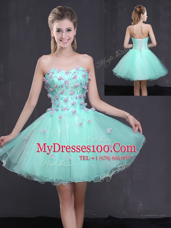 Sleeveless Mini Length Appliques Lace Up with Apple Green