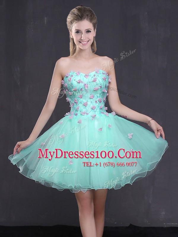 Sleeveless Mini Length Appliques Lace Up with Apple Green