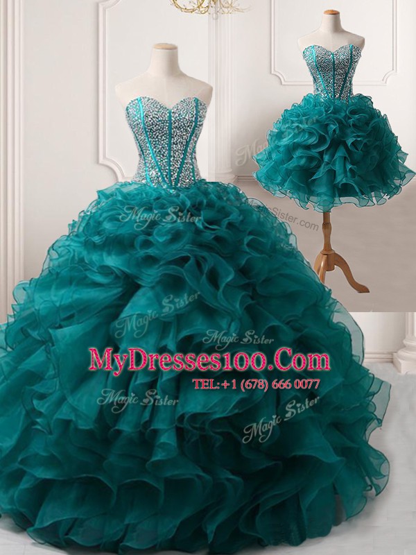 Fashion Sweetheart Sleeveless Organza Ball Gown Prom Dress Beading and Ruffles Lace Up
