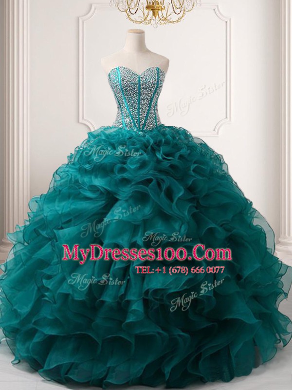 Fashion Sweetheart Sleeveless Organza Ball Gown Prom Dress Beading and Ruffles Lace Up