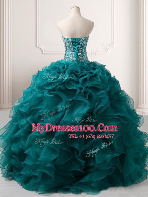Fashion Sweetheart Sleeveless Organza Ball Gown Prom Dress Beading and Ruffles Lace Up