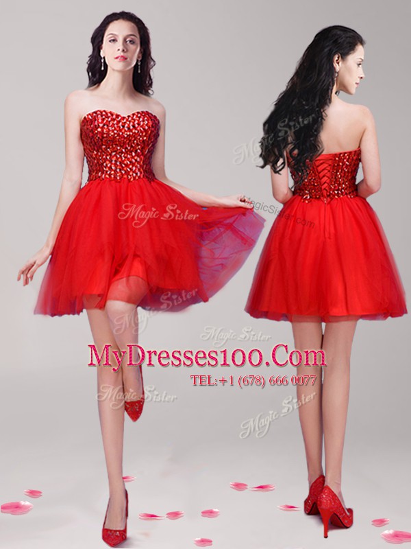 Cute Sweetheart Sleeveless Lace Up Cocktail Dresses Red Tulle