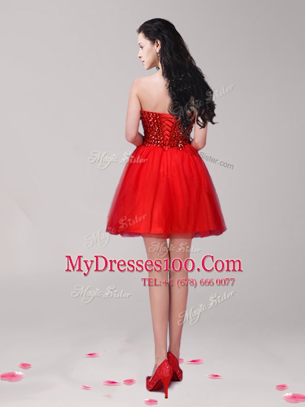 Cute Sweetheart Sleeveless Lace Up Cocktail Dresses Red Tulle