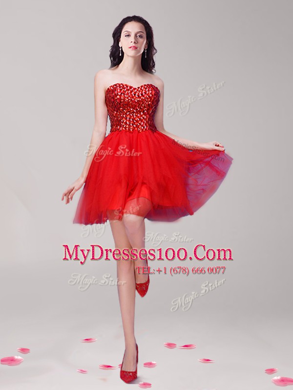 Cute Sweetheart Sleeveless Lace Up Cocktail Dresses Red Tulle