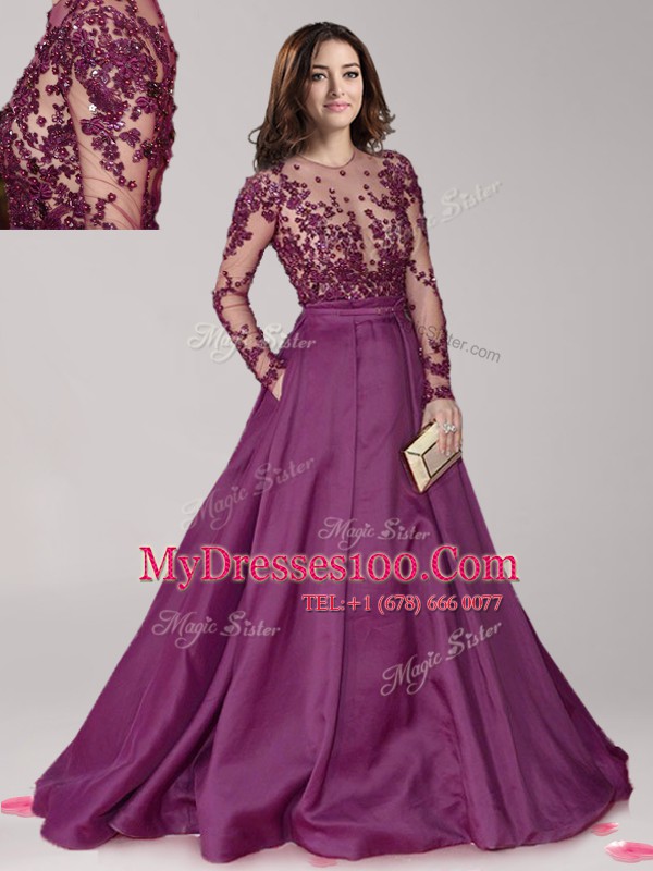 Custom Made Scoop Dark Purple A-line Beading Prom Party Dress Zipper Taffeta Long Sleeves With Train
