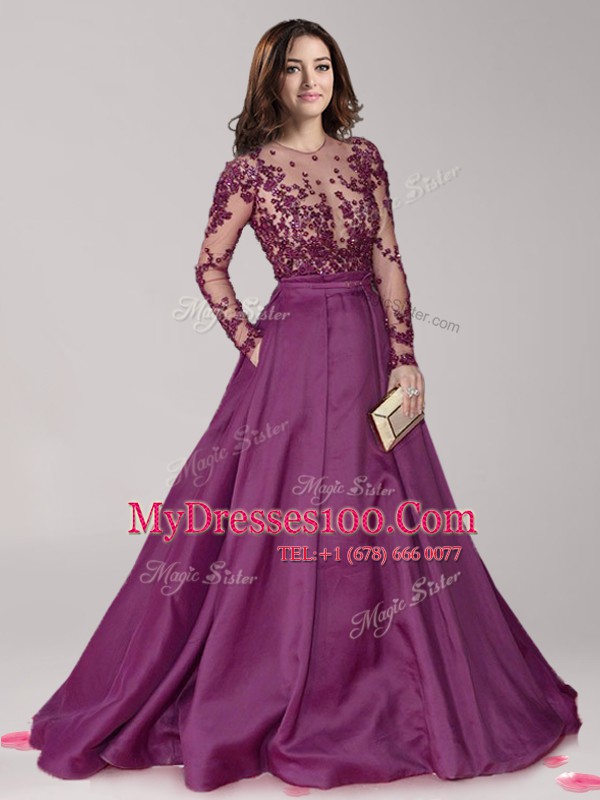 Custom Made Scoop Dark Purple A-line Beading Prom Party Dress Zipper Taffeta Long Sleeves With Train