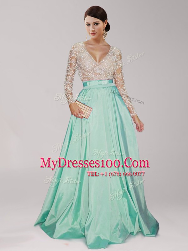 Fancy V-neck Long Sleeves Prom Party Dress Floor Length Beading and Belt Apple Green Taffeta