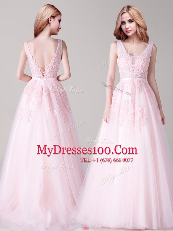 Excellent V-neck Sleeveless Backless Homecoming Dress Baby Pink Tulle