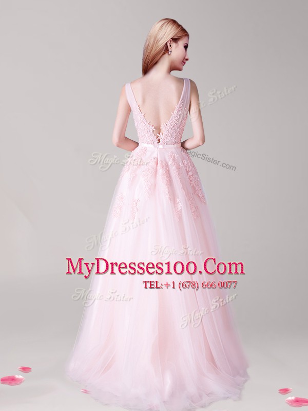 Excellent V-neck Sleeveless Backless Homecoming Dress Baby Pink Tulle