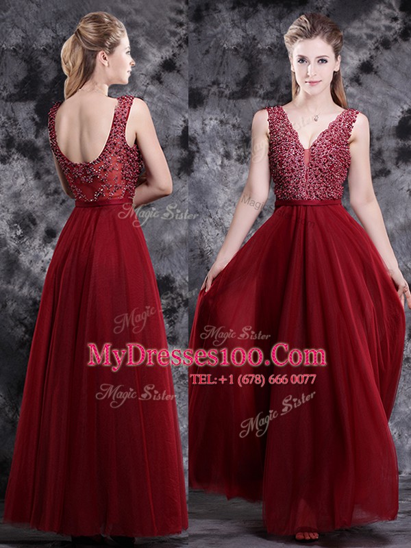 Excellent Floor Length Empire Sleeveless Wine Red Prom Evening Gown Side Zipper