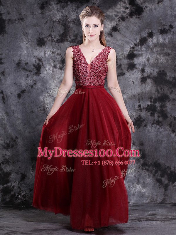 Excellent Floor Length Empire Sleeveless Wine Red Prom Evening Gown Side Zipper