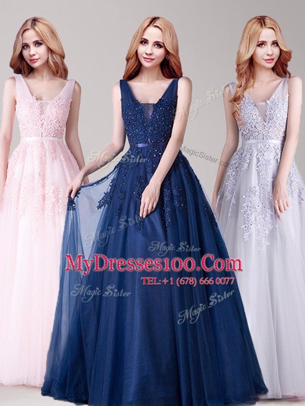 Ideal Appliques and Belt Homecoming Dress Baby Pink Backless Sleeveless Floor Length