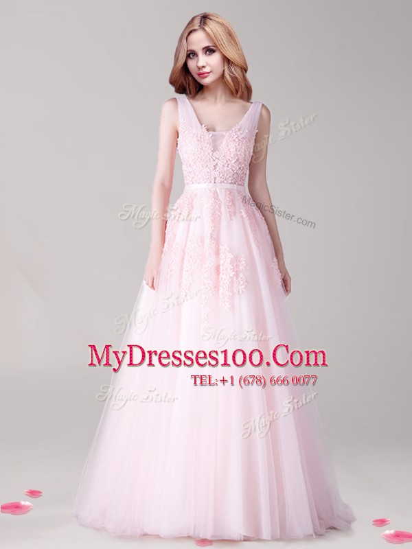Ideal Appliques and Belt Homecoming Dress Baby Pink Backless Sleeveless Floor Length