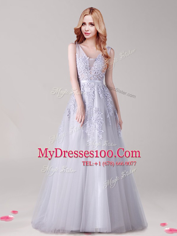 Ideal Appliques and Belt Homecoming Dress Baby Pink Backless Sleeveless Floor Length