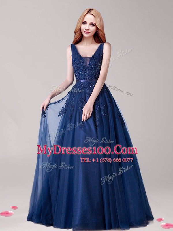 Ideal Appliques and Belt Homecoming Dress Baby Pink Backless Sleeveless Floor Length