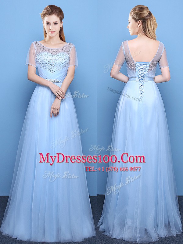 Light Blue Scoop Lace Up Beading Short Sleeves