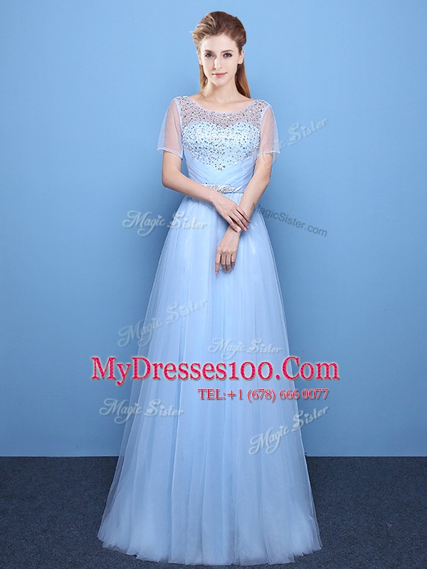 Light Blue Scoop Lace Up Beading Short Sleeves