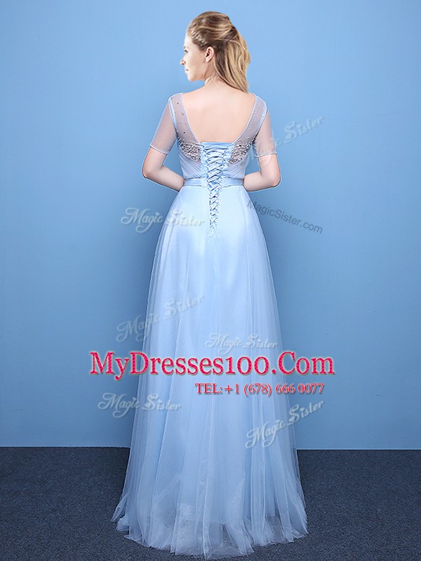 Light Blue Scoop Lace Up Beading Short Sleeves