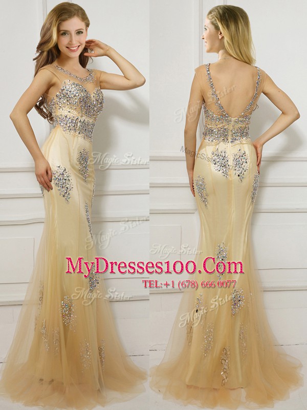 Excellent Mermaid With Train Gold Prom Party Dress Scoop Cap Sleeves Brush Train Backless